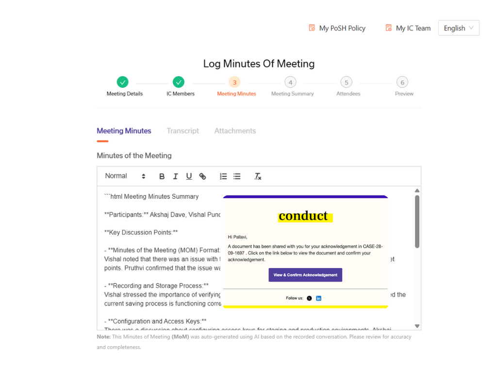 Conduct AI prepares MoMs, transcriptions and draft documents